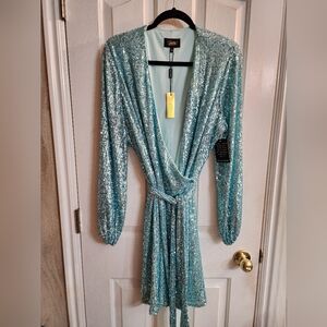 Alexia Admor Peyton mini wrap dress long sleeve tie waist turquoise sequined